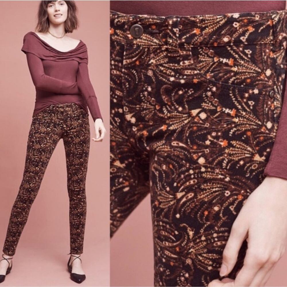 Anthropologie Pilcro Serif Corduroy Paisley Brown and Black‎ Print Skinny Pants